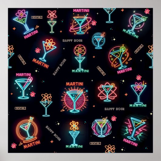 Neon Sign Space Age Atomic Martini Cocktails Print (Voorkant)