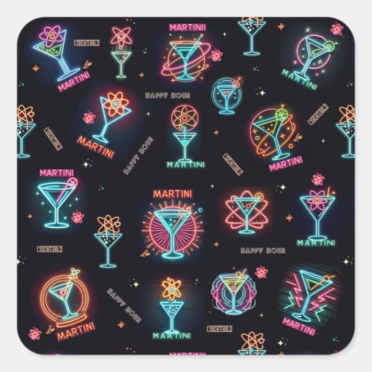 Neon Sign Space Age Atomic Martini Cocktails Print Vierkante Sticker (Voorkant)