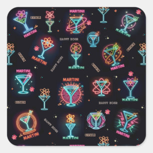 Neon Sign Space Age Atomic Martini Cocktails Print Vierkante Sticker