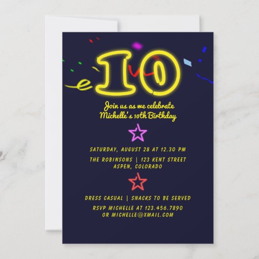 Neon Sign Tiende Birthday Party Invitation Kaart (Voorkant)