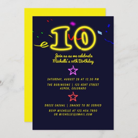 Neon Sign Tiende Birthday Party Invitation Kaart (Voorkant / Achterkant)