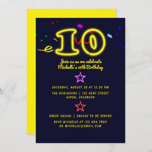 Neon Sign Tiende Birthday Party Invitation Kaart
