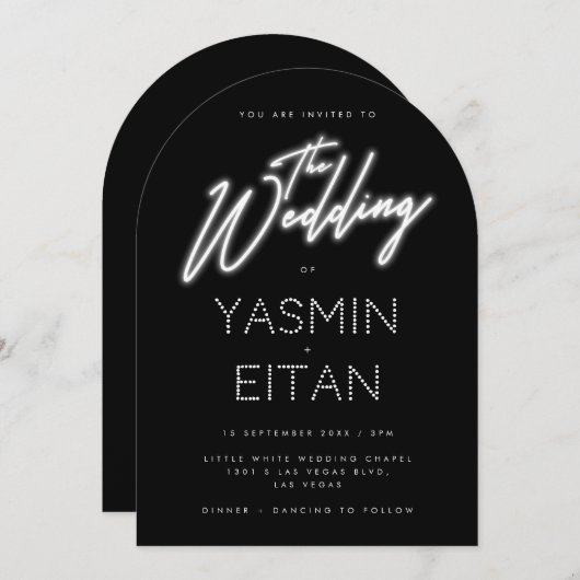 Neon Sign White Script Black Arch Wedding Kaart (Voorkant / Achterkant)