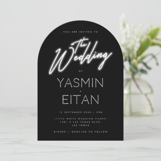 Neon Sign White Script Black Arch Wedding Kaart (Staand voorkant)