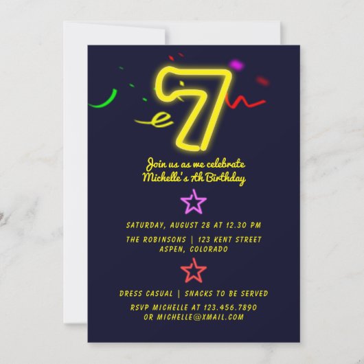 Neon Sign Zevende verjaardag Uitnodiging (Voorkant)