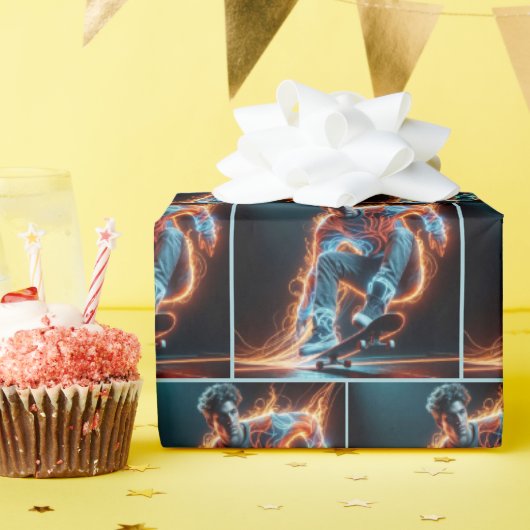 Neon Skateboarder met vurige lichte paden Cadeaupapier (Verjaardagsfeest)