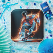 Neon Skateboarder met vurige lichte paden Papieren Bordje (Feest)