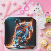 Neon Skateboarder met vurige lichte paden Papieren Bordje (Feest)