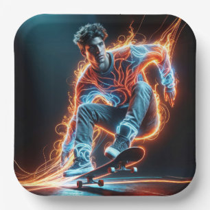 Neon Skateboarder met vurige lichte paden Papieren Bordje