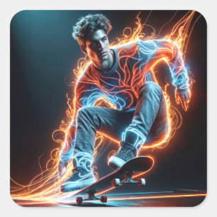 Neon Skateboarder met vurige lichte paden Vierkante Sticker