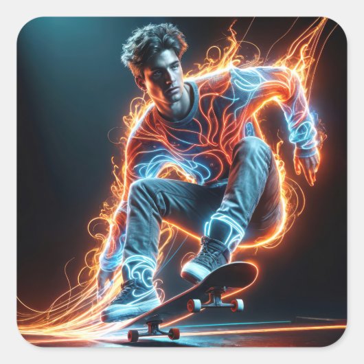 Neon Skateboarder met vurige lichte paden Vierkante Sticker (Voorkant)