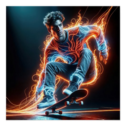 Neon Skateboarder op zwart Perfect Poster (Voorkant)