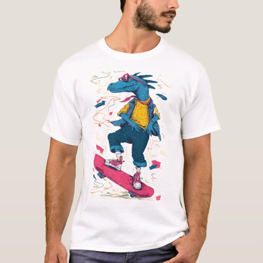 Neon Skater Dino – Street Art Illustration T-shirt (Voorkant)