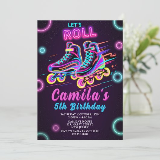 Neon Skating Verjaardag Uitnodiging Neon Uitnodige (Staand voorkant)