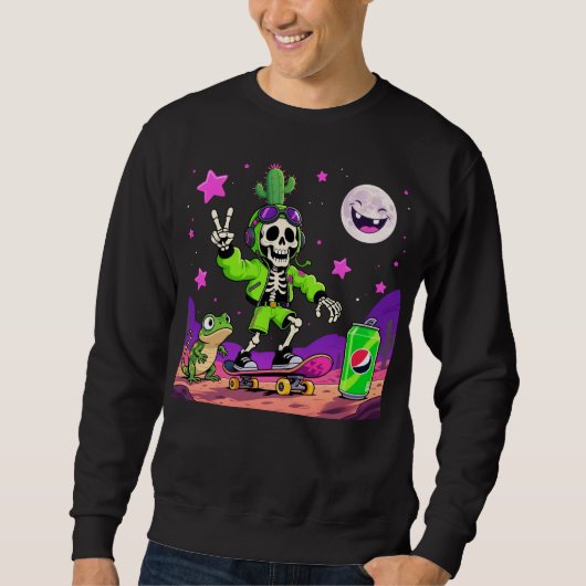 Neon Skeleton Skateboarder Rebel Cartoon Trui (Voorkant)