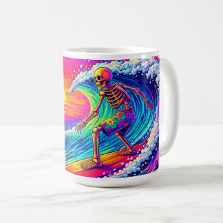 Neon Skeleton Surfing Colorful Sunset Koffiemok