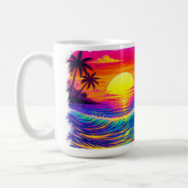 Neon Skeleton Surfing Colorful Sunset Koffiemok