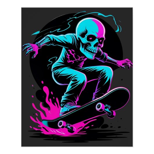 Neon Skull Skateboard Art – Edgy Skater Design Perfect Poster (Voorkant)