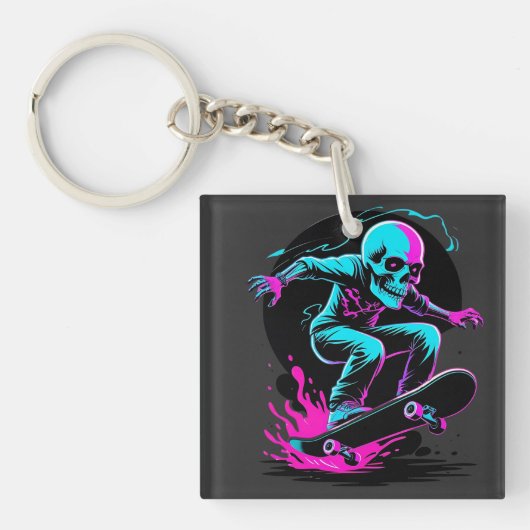 Neon Skull Skateboard Art – Edgy Skater Design Sleutelhanger (voorkant)