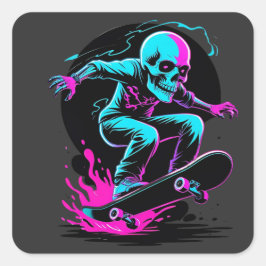 Neon Skull Skateboard Art – Edgy Skater Design Vierkante Sticker