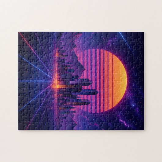 Neon Skyline Horizon – Retro Synthwave Cityscape Legpuzzel (Horizontaal)