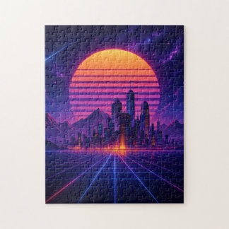 Neon Skyline Horizon – Retro Synthwave Cityscape Legpuzzel