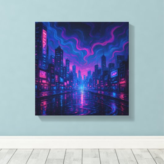 Neon Skyline Mirage Futuristische Stad Canvas Kuns Afdruk (Insitu (Houten vloer))