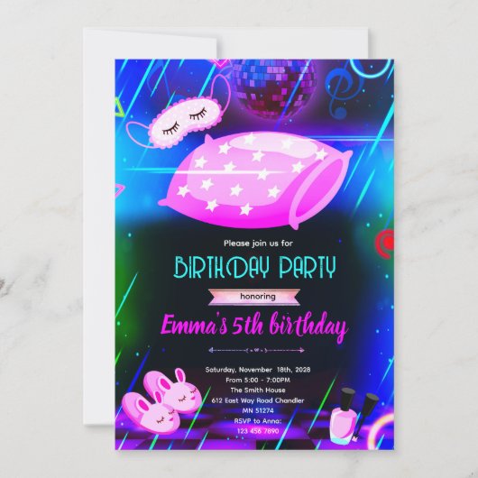 neon slaapfeest uitnodiging (Voorkant)