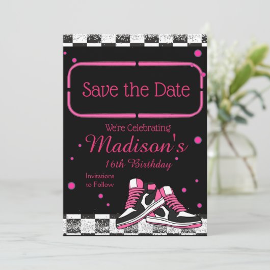 Neon Sneaker Verjaardag, Glitter Save The Date (Staand voorkant)