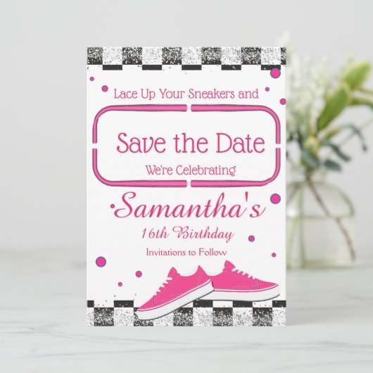 Neon Sneaker Verjaardag, Glitter Save The Date (Staand voorkant)