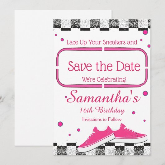 Neon Sneaker Verjaardag, Glitter Save The Date (Voorkant / Achterkant)