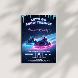 Neon Sneeuw Tubing Verjaardagsuitnodiging Winterfe Kaart