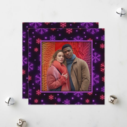 Neon Snowflakes Feestdagenkaart (Voorkant / Achterkant in situ)
