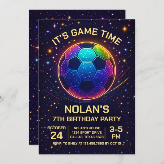 Neon Soccer Birthday Invitation Kaart (Voorkant / Achterkant)