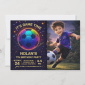 Neon Soccer Birthday Photo Invitation Kaart (Voorkant)