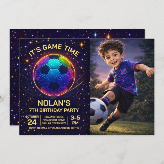 Neon Soccer Birthday Photo Invitation Kaart (Voorkant / Achterkant)