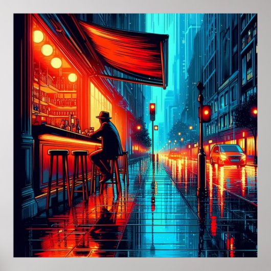 Neon Solitude: Regenachtige Nacht in het City Cafe Poster (Voorkant)