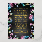 Neon Space Doodles Kids Birthday Party Folie Uitnodiging (Voorkant)