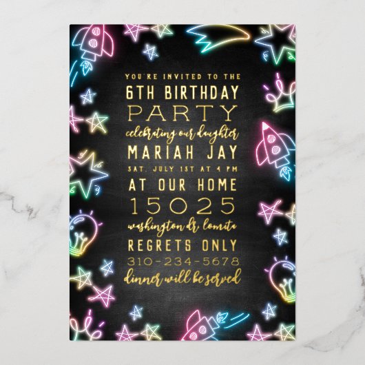 Neon Space Doodles Kids Birthday Party Folie Uitnodiging (Voorkant)