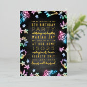 Neon Space Doodles Kids Birthday Party Folie Uitnodiging (Staand Voorkant)