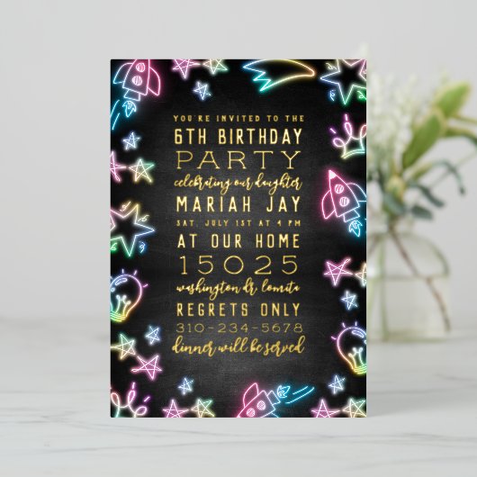 Neon Space Doodles Kids Birthday Party Folie Uitnodiging (Staand Voorkant)