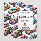 Neon Speelgoed Car Thema 1e Verjaardagsuitnodiging Kaart (Voorkant / Achterkant)