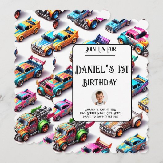Neon Speelgoed Car Thema 1e Verjaardagsuitnodiging Kaart (Voorkant / Achterkant)
