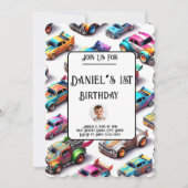 Neon Speelgoed Car Thema 1e Verjaardagsuitnodiging Kaart (Voorkant)