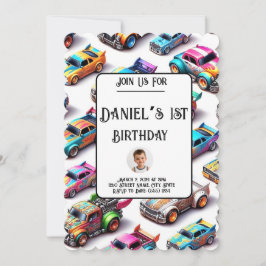 Neon Speelgoed Car Thema 1e Verjaardagsuitnodiging Kaart