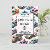 Neon Speelgoed Car Thema 1e Verjaardagsuitnodiging Kaart (Staand voorkant)