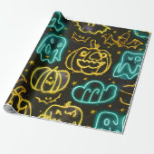 Neon Spooky Halloween Ghost Bats Pumpkins Patroon Cadeaupapier (Uitgerold)