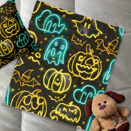 Neon Spooky Halloween Ghost Bats Pumpkins Patroon Fleece Deken