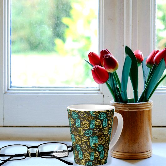 Neon Spooky Halloween Ghost Bats Pumpkins Patroon Latte Mok