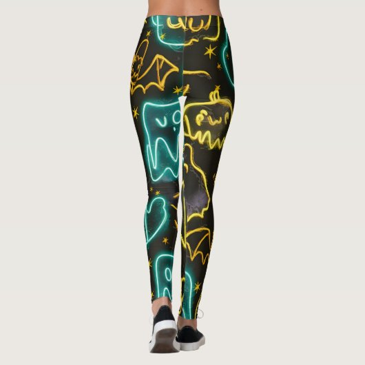 Neon Spooky Halloween Ghost Bats Pumpkins Patroon Leggings (Achterkant)